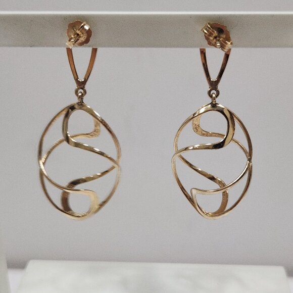 Gorgeous Vintage 90s 14K Solid Gold Freeform 3D Open Twist Dangle Drop Earrings - Picture 3 of 6
